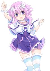 Rule 34 | 1girl, absurdres, blue thighhighs, blush, collar, collarbone, commentary request, d-pad, d-pad hair ornament, dress, flat chest, hair between eyes, hair ornament, highres, kami jigen game neptune v, looking at viewer, naoya (naoya ee), neptune (neptunia), neptune (series), open mouth, pointing, pointing up, purple dress, purple eyes, purple hair, scrunchie, short hair, short sleeves, sidelocks, simple background, solo, striped clothes, striped thighhighs, thighhighs, vest, white background, white thighhighs, white vest, wrist scrunchie, zettai ryouiki