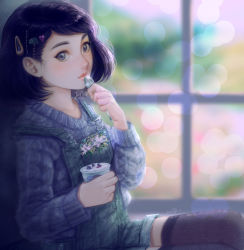 Rule 34 | 1girl, artist name, black eyes, black hair, black thighhighs, blue sweater, blueberry, blurry, closed mouth, cup, depth of field, food, freckles, fruit, hair ornament, hairclip, heart, highres, holding, holding cup, holding spoon, lens flare, long sleeves, original, overalls, realistic, sillyselly, sitting, solo, spoon, suspenders, sweater, thighhighs, window, yogurt