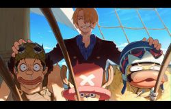 Rule 34 | 3boys, animal, antlers, antlers through headwear, big nose, bird, black hair, blonde hair, blue sky, carue, cigarette, cloud, cloudy sky, fishing rod, formal, goggles, goggles on headwear, hands on another&#039;s head, hat, highres, male focus, multiple boys, one piece, overalls, pink headwear, qin (7833198), sanji (one piece), shirt, sky, suit, tony tony chopper, usopp