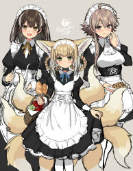 Rule 34 | 3girls, :d, ahoge, alternate costume, animal ears, apple, apron, arknights, ascot, baguette, basket, black collar, black dress, blonde hair, blue neckwear, braid, bread, breasts, brown background, brown eyes, brown hair, chinese commentary, chocolate chip cookie, clothes lift, collar, commentary request, cookie, dress, dress lift, earrings, enmaided, extra ears, feet out of frame, food, food on face, fox ears, fox girl, fox tail, frilled dress, frills, fruit, grapes, green eyes, hand up, highres, holding, holding plate, holding teapot, infection monitor (arknights), jewelry, kitsune, kyuubi, lifting own clothes, looking at viewer, magallan (arknights), maid, maid headdress, mayer (arknights), medium breasts, multicolored hair, multiple girls, multiple tails, neck ribbon, open mouth, pantyhose, plate, ribbon, short hair, sidelocks, sigm@, simple background, small breasts, smile, standing, straight-on, streaked hair, suzuran (arknights), tail, teapot, tongue, tongue out, white apron, white ascot, white hair, white legwear, yellow eyes, yellow neckwear