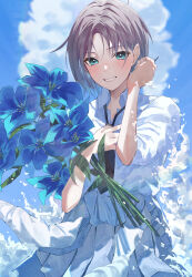 Rule 34 | 1girl, ahoge, asakura toru, black necktie, blue eyes, blue flower, blue sky, blush, clothes around waist, cloud, cowboy shot, cute mdr, day, dot nose, flower, gradient hair, grey skirt, hands up, highres, holding, holding flower, idolmaster, idolmaster shiny colors, leaf, looking at viewer, multicolored hair, necktie, open mouth, outdoors, parted bangs, pleated skirt, school uniform, shirt, short hair, short sleeves, skirt, sky, smile, solo, standing, white shirt