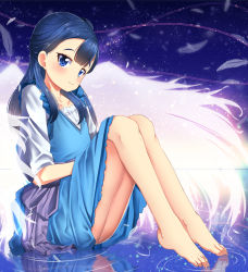 Rule 34 | 10s, 1girl, barefoot, blue dress, blue hair, blunt bangs, blush, commentary request, dress, feathers, feet, half updo, highres, hugtto! precure, knees together feet apart, long hair, looking at viewer, mad (hazukiken), precure, reflection, ripples, sash, sitting, sitting on water, smile, solo, toes, wings, yakushiji saaya