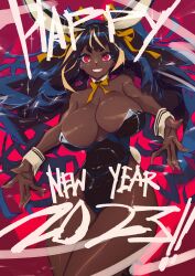 Rule 34 | 1girl, 2023, absurdres, animal ears, black hair, bow, bowtie, breasts, chinese zodiac, dark-skinned female, dark skin, english text, fake animal ears, hair ribbon, happy new year, highres, king rooper, large breasts, leotard, new year, original, outstretched arms, playboy bunny, rabbit ears, red eyes, ribbon, smile, solo, thick thighs, thighs, year of the rabbit
