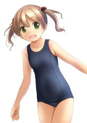 Rule 34 | 1girl, arms at sides, blue one-piece swimsuit, brown hair, collarbone, cowboy shot, flat chest, green eyes, hair between eyes, highres, legs together, looking at viewer, old school swimsuit, one-piece swimsuit, open mouth, original, school swimsuit, shibacha, short hair, simple background, smile, solo, standing, swimsuit, twintails, white background