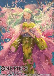 Rule 34 | 1girl, cherry blossoms, closed eyes, commentary request, copyright name, floating hair, flower ornament, green hair, green kimono, hair ornament, haori, japanese clothes, kimono, kouzuki toki, long hair, nanahara shie, obi, official art, one piece, one piece card game, petals, pink haori, pink petals, sash, smile, solo, swept bangs, wide sleeves
