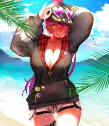 Rule 34 | 1girl, :q, absurdres, baseball cap, black hat, black hoodie, blue sky, blush, breasts, cleavage, commentary request, cowboy shot, day, dolphin shorts, fingernails, hand up, hands up, hat, heart, heart-shaped eyewear, heterochromia, highres, hololive, hood, hoodie, houshou marine, houshou marine (summer), large breasts, long sleeves, looking at viewer, ok sign, outdoors, pin, ponytail, purple-tinted eyewear, red eyes, red hair, rye (hyn uka), shorts, sky, smile, solo, thigh gap, tinted eyewear, tongue, tongue out, virtual youtuber, white shorts, yellow eyes