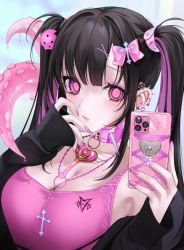 Rule 34 | 1girl, black hair, blush, breasts, cleavage, collar, ear piercing, hair ornament, hairclip, highres, jewelry, looking at viewer, nail polish, necklace, ompf, original, piercing, pink eyes, pink hair, pink nails, sleeves past wrists, small breasts, solo, spiked collar, spikes, tentacles, twintails, yami kawaii