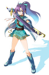 Rule 34 | 1girl, azuumori, belt, blue dress, blue footwear, blue gloves, boots, brown belt, closed mouth, commentary, dress, english commentary, fir (fire emblem), fire emblem, fire emblem heroes, gloves, hair between eyes, highres, holding, holding sword, holding weapon, legs apart, looking at viewer, nintendo, ponytail, purple eyes, purple hair, scabbard, sheath, short dress, signature, smile, solo, standing, sword, unsheathing, weapon