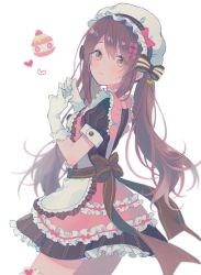 Rule 34 | 1girl, apron, back bow, bad id, bad twitter id, blush, bow, brown bow, brown hair, brown shirt, commentary, frilled apron, frilled skirt, frilled thighhighs, frills, gloves, highres, idolmaster, idolmaster shiny colors, long hair, maid headdress, osaki tenka, parted lips, puffy short sleeves, puffy sleeves, shirt, short sleeves, skirt, solo, sweetholic, thighhighs, twintails, white apron, white gloves, yellow eyes
