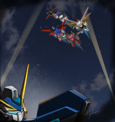 absurdres assault_visor claws destiny_gundam_spec_ii energy_gun energy_sword energy_wings flying fujikusa gundam gundam_seed gundam_seed_freedom highres impulse_gundam_spec_ii infinite_justice_gundam_type_ii mecha mecha_focus mechanical_wings mighty_strike_freedom_gundam mobile_suit night night_sky no_humans robot science_fiction sky sword v-fin weapon windam_(gundam_seed) wings z&#039;gok_(seed)