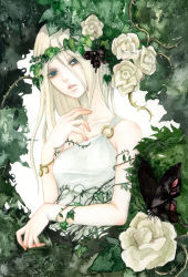 Rule 34 | armlet, blonde hair, blue eyes, bug, butterfly, flower, insect, long hair, original, painting (medium), pinkxxxna, solo, thorns, traditional media, watercolor (medium)