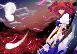 Rule 34 | 1girl, bad id, bad pixiv id, female focus, flower, moon, onozuka komachi, petals, red eyes, red hair, scythe, short hair, solo, spider lily, touhou, twintails, two side up, yukian