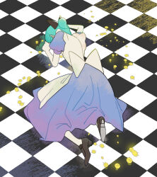 Rule 34 | 1other, ajing073, alice (alice in wonderland), alice (alice in wonderland) (cosplay), alice in wonderland, all fours, apron, aqua hair, back bow, bare arms, black bow, black footwear, blue dress, bow, checkered floor, cosplay, creature, dress, facing away, from above, full body, glowing, hair bow, high heels, highres, houseki no kuni, on floor, other focus, phosphophyllite, ponytail, puffy short sleeves, puffy sleeves, shoe soles, short sleeves, solo, white apron