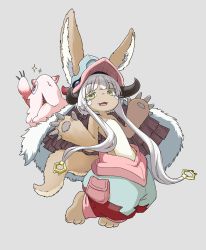 Rule 34 | 1other, :3, :d, absurdres, androgynous, creature, fake horns, fang, furry, grey background, happy, helmet, highres, horizontal pupils, horned helmet, horns, jumping, looking at viewer, made in abyss, missing eye, mitty (made in abyss), nakamori kemuri, nanachi (made in abyss), open mouth, simple background, smile, sparkle, tail, whiskers, white hair, yellow eyes