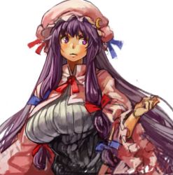 Rule 34 | 1girl, adapted costume, breasts, crescent, hair ribbon, hat, large breasts, long hair, looking away, patchouli knowledge, purple eyes, purple hair, ribbon, sachito, simple background, sketch, solo, touhou, white background