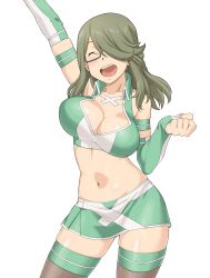 Rule 34 | 1girl, ^ ^, arm up, black-framed eyewear, black thighhighs, bouncing breasts, breasts, chousoku henkei gyrozetter, cleavage, closed eyes, fingerless gloves, glasses, gloves, green hair, green thighhighs, hair over one eye, highres, huge breasts, large breasts, long hair, midriff, miniskirt, navel, open mouth, race queen, semi-rimless eyewear, shorts, shoudou kotoha, simple background, skindentation, skirt, solo, standing, striped clothes, striped thighhighs, sweatdrop, tenchisouha, thighhighs, unaligned breasts, under-rim eyewear, white background, zettai ryouiki