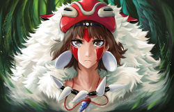 Rule 34 | 1girl, brown eyes, brown hair, commentary, earrings, english commentary, facepaint, flintstone, forest, fur collar, highres, jewelry, looking at viewer, mask, mask on head, mononoke hime, nature, necklace, pendant, pokurimio, portrait, revision, san (mononoke hime), serious, short hair, signature, solo, tooth necklace