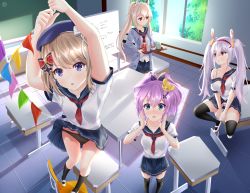 Rule 34 | 4girls, alternate costume, animal ears, arms up, ayanami (azur lane), azur lane, black panties, black socks, blouse, blue eyes, blue skirt, blush, bow, bowl, brown hair, can, carrying, chair, chalkboard, classroom, clothes lift, coat, cola, collarbone, commentary request, contemporary, cross, crown, cup, desk, drink can, english text, eyes visible through hair, fake animal ears, foreshortening, from above, full body, green eyes, green tea, hair between eyes, hair bow, hair ornament, hair ribbon, hairband, hairpin, hat, headgear, helvetica std, highres, iron cross, javelin (azur lane), kneehighs, laffey (azur lane), long hair, looking at viewer, looking away, looking up, mini crown, multiple girls, neckerchief, orange eyes, panties, pantyshot, parted bangs, parted lips, pleated skirt, ponytail, purple hair, rabbit ears, red eyes, red neckerchief, ribbon, school chair, school desk, school uniform, serafuku, shirt, shoes, short hair, shouting, sidelocks, sitting, skirt, skirt lift, socks, soda can, spread legs, standing, striped clothes, striped panties, sunlight, tape, tea, teacup, thighhighs, tile floor, tiles, tray, twintails, underwear, uwabaki, very long hair, white hair, white shirt, whiteboard, window, yunomi, z23 (azur lane), zettai ryouiki