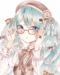Rule 34 | 1girl, :o, adjusting eyewear, aqua hair, aqua nails, blue eyes, bow, brown bow, brown hat, commentary, frilled cuffs, frills, glasses, hair between eyes, hair bow, hair ribbon, hat, hatsune miku, highres, jewelry, long sleeves, looking at viewer, marker (medium), nail polish, open mouth, paruno, ribbon, ring, solo, striped bow, striped ribbon, traditional media, twintails, vocaloid