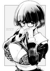 Rule 34 | 1girl, animal print, bikini, bikini top only, blush, breasts, clothes lift, commentary request, covering own mouth, dated, glasses, grey background, greyscale, highres, kichihachi, large breasts, leopard print, lifted by self, long sleeves, looking at viewer, monochrome, original, print bikini, shirt lift, short hair, simple background, sweat, swimsuit, twitter username, two-tone background, white background
