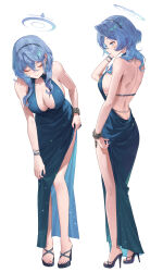 Rule 34 | 1girl, absurdres, ako (blue archive), ako (dress) (blue archive), backless dress, backless outfit, bangle, bare legs, blue archive, blue dress, blue eyes, blue hair, blush, bracelet, breasts, cleavage, cuffs, dress, fingernails, hair between eyes, halo, high heels, highres, jewelry, large breasts, leaning forward, median furrow, multiple views, nail polish, official alternate costume, platform mules, profile, shackles, shoulder blades, sideboob, sideless dress, simple background, skindentation, smile, sssong aa, toenail polish, toenails, white background