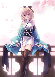 Rule 34 | 1girl, ahoge, bare shoulders, blonde hair, cherry blossoms, fate/grand order, fate (series), japanese clothes, kimono, koha-ace, looking at viewer, obi, off shoulder, okita souji (fate), okita souji (koha-ace), sash, short hair, short kimono, sleeveless, sleeveless kimono, smile, solo, thighhighs, thighs, yellow eyes, yeruen