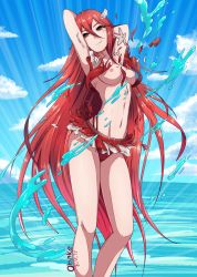 Rule 34 | 1girl, bare shoulders, bikini, breasts, cleavage, collarbone, cordelia (fire emblem), dutch angle, feather hair ornament, feathers, fingerless gloves, fire emblem, fire emblem awakening, fire emblem heroes, frilled bikini, frills, full body, gloves, hair between eyes, hair ornament, highres, long hair, nintendo, nipples, obake, red eyes, red hair, shell, small breasts, smile, starfish, swimsuit, torn bikini, torn clothes, transparent background, twitter username, upper body, very long hair, water, winged hair ornament
