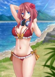 Rule 34 | 1girl, arm behind head, arm up, beach, bikini, blue eyes, blue sky, blurry, blurry background, blush, bow, breasts, brown hair, cleavage, closed mouth, cloud, commentary, day, depth of field, flower, frilled bikini, frills, go-toubun no hanayome, hair between eyes, hair flower, hair ornament, halterneck, hand up, head tilt, headphones, headphones around neck, highres, kazenokaze, lake, large breasts, long hair, mountain, nakano miku, navel, orange bow, outdoors, red bikini, red flower, sand, sky, smile, solo, standing, swimsuit, water