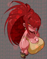 Rule 34 | 1girl, absurdres, ahiru 7, armlet, bare shoulders, blood, blood splatter, breasts, dark persona, earrings, hair over one eye, highres, jewelry, large breasts, leona heidern, orochi leona, ponytail, red eyes, red hair, sleeveless, solo, tank top, the king of fighters, the king of fighters xv, toned, triangle earrings, wall of text, yellow tank top