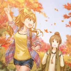 Rule 34 | 10s, 2girls, anbe yoshirou, autumn, autumn leaves, blonde hair, brown eyes, brown hair, camera, collared shirt, denim, denim shorts, green eyes, hair ribbon, hino akane (idolmaster), idolmaster, idolmaster cinderella girls, looking at another, multiple girls, plaid, plaid shirt, pointing, pointing up, ponytail, ribbon, running, shirt, short shorts, shorts, sleeves past wrists, sleeves rolled up, smile, sweater, takamori aiko, tank top, yellow shirt