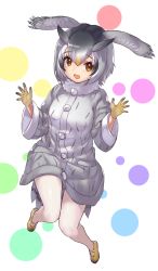 Rule 34 | 1girl, :d, black hair, brown eyes, full body, fur collar, gloves, gradient hair, grey hair, hair between eyes, hands up, head wings, highres, kemono friends, long sleeves, looking at viewer, multicolored hair, northern white-faced owl (kemono friends), open mouth, pantyhose, shoes, simple background, smile, solo, tadano magu, white pantyhose, wings, yellow footwear, yellow gloves