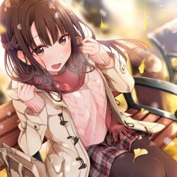 Rule 34 | 1girl, ai kiss 2, aran sweater, bag, bench, blurry, blurry background, blush, brown eyes, brown hair, cable knit, depth of field, falling leaves, fringe trim, ginkgo leaf, half updo, handbag, jacket, kirisawa saki, leaf, looking at viewer, mole, mole under eye, on bench, open clothes, open jacket, open mouth, outdoors, park bench, pink sweater, plaid, plaid skirt, red scarf, saegusa ayame, scarf, sitting, skirt, solo, sweater, thighhighs