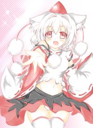 Rule 34 | 1girl, animal ears, bare shoulders, blush, breasts, fang, groin, hat, highres, inubashiri momiji, looking at viewer, midriff, mutou mame, navel, open mouth, panties, pantyshot, pom pom (clothes), red eyes, short hair, silver hair, solo, thigh gap, thighhighs, tokin hat, touhou, underwear, white thighhighs, wolf ears