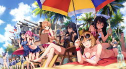 Rule 34 | 10s, 6+girls, ;d, akatsuki (kancolle), akigumo (kancolle), anchor symbol, assault rifle, barefoot, beach, beach umbrella, bikini, black hair, blush, bottle, bow, grabbing another&#039;s breast, breasts, brown hair, cleavage, cloud, crossed legs, day, drooling, eyewear on head, female admiral (kancolle), folded ponytail, grabbing, gun, hair bow, hair ornament, hibiki (kancolle), ikazuchi (kancolle), inazuma (kancolle), kantai collection, large breasts, leg up, little girl admiral (kancolle), long hair, looking at viewer, lotion, lying, medium breasts, multiple girls, mutsu (kancolle), nagato (kancolle), neko (yanshoujie), on stomach, one-piece swimsuit, one eye closed, open mouth, outdoors, polka dot, polka dot swimsuit, ponytail, ramune, rifle, sazanami (kancolle), school swimsuit, short hair, silver hair, sitting, sketchbook, sky, small breasts, smile, sunglasses, sunscreen, surfboard, swimsuit, tenryuu (kancolle), the pose, umbrella, ushio (kancolle), weapon, white bikini, white one-piece swimsuit, yuri, yuubari (kancolle)