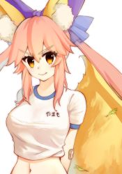 Rule 34 | 1girl, animal ear fluff, animal ears, blue ribbon, breasts, closed mouth, fate/grand order, fate (series), fox ears, fox tail, gym shirt, gym uniform, hair ribbon, highres, large breasts, looking at viewer, name tag, navel, pink hair, ribbon, shirt, simple background, solo, tail, tamamo (fate), tamamo no mae (fate/extra), white background, white shirt, yellow eyes