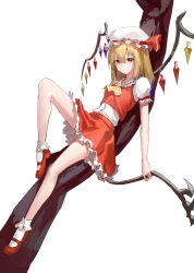 Rule 34 | 1girl, absurdres, bare legs, blonde hair, branch, commentary, dress, english commentary, flandre scarlet, flower, full body, hat, highres, knee up, looking at viewer, mac star, medium hair, mob cap, orange eyes, red dress, red flower, short sleeves, simple background, socks, tail, touhou, white background, white hat, white socks, wings