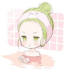 Rule 34 | 1girl, :o, bath, bathing, blush stickers, collarbone, completely nude, cupping hands, forehead, green eyes, green hair, hair bun, hair up, hands up, meito (maze), morinaka kazaki, nijisanji, nude, own hands together, parted lips, partially submerged, sidelocks, single hair bun, solo, tile wall, tiles, v-shaped eyebrows, virtual youtuber, water