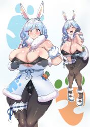 Rule 34 | 1girl, absurdres, animal ears, bare shoulders, bent over, black leotard, black pantyhose, blue hair, blush, braid, braided ponytail, breasts, carrot in pocket, cleavage, cosplay, curvy, don-chan (usada pekora), dress, fur-trimmed dress, fur trim, highres, hololive, huge breasts, julioalqae, large breasts, leotard, leotard under clothes, long hair, looking at viewer, mature female, multicolored hair, open mouth, pantyhose, pekomama, playboy bunny, rabbit ears, rabbit girl, short eyebrows, smile, solo, streaked hair, teeth, thick thighs, thigh gap, thigh strap, thighs, upper teeth only, usada pekora, usada pekora (1st costume), usada pekora (cosplay), virtual youtuber, white hair, wide hips