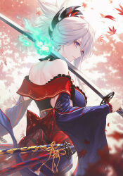 Rule 34 | 1girl, autumn leaves, bare shoulders, blue kimono, breasts, detached sleeves, dual wielding, earrings, fate/grand order, fate (series), hair ornament, highres, holding, holding sword, holding weapon, japanese clothes, jewelry, katana, kimono, large breasts, leaf print, looking at viewer, looking back, magatama, miyamoto musashi (fate), miyamoto musashi (third ascension) (fate), obi, pink hair, ponytail, purple eyes, sash, smile, solo, sword, und0, weapon, wide sleeves