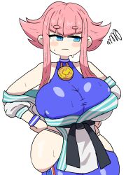Rule 34 | 1girl, bare shoulders, blue eyes, blush, breasts, dougi, hands on own hips, highres, hime cut, hip vent, huge breasts, large breasts, manon legrand, martial arts belt, notnoe (dxcl), off shoulder, panty straps, pink hair, sidelocks, skindentation, solo, street fighter, street fighter 6, sweat, sweatdrop, thick thighs, thighs, white background