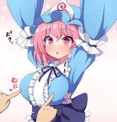 Rule 34 | 1girl, 1other, :o, arms up, blue bow, blue headwear, blue kimono, blue ribbon, blush, bow, breasts, center frills, commentary request, frilled bow, frills, gradient background, hair between eyes, hat, heart, japanese clothes, kimono, large breasts, long sleeves, looking ahead, mob cap, neck ribbon, outline, pink background, pink eyes, pink hair, poking, ribbon, rizento, saigyouji yuyuko, short hair, simple background, solo focus, sweat, touhou, triangular headpiece, upper body, white background, white outline, wide sleeves