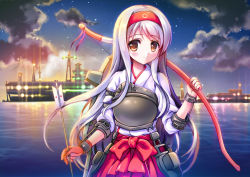 Rule 34 | 10s, 1girl, arrow (projectile), bow (weapon), fukase ayaka, gloves, hairband, japanese clothes, kantai collection, long hair, muneate, night, night sky, personification, ship, shoukaku (kancolle), silver hair, skirt, sky, solo, star (sky), starry sky, water, watercraft, weapon