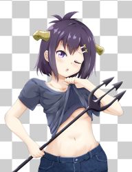 Rule 34 | 1girl, ;o, black shirt, blush, breasts, checkered background, clothes lift, demon girl, demon horns, gabriel dropout, groin, hair between eyes, hair ornament, hairclip, holding, holding polearm, holding weapon, horns, lifting own clothes, looking at viewer, midriff, navel, one eye closed, polearm, purple eyes, purple hair, shirt, shirt lift, short hair, solo, trident, underboob, vignette tsukinose april, weapon, x hair ornament, zztg3775