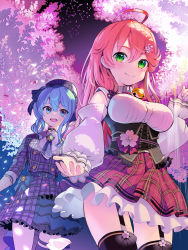 Rule 34 | 2girls, beckoning, black thighhighs, blue eyes, blue hair, blush, bodice, breasts, cherry blossoms, dress, garter straps, highres, hololive, hoshimachi suisei, hoshimachi suisei (1st costume), kannougame, large breasts, looking at viewer, miniskirt, multiple girls, official alternate costume, pink hair, plaid, plaid dress, plaid skirt, reaching, reaching towards viewer, red skirt, sakura miko, sakura miko (casual), skirt, smile, thighhighs, underbust, virtual youtuber