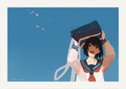 Rule 34 | 1girl, artist name, bag, black hair, blouse, blue background, blue sailor collar, blue sky, border, brown eyes, collarbone, commentary request, dated, day, falling petals, hands up, highres, long sleeves, neckerchief, open mouth, original, outdoors, petals, red neckerchief, sailor collar, school bag, school uniform, serafuku, shirt, short hair, sky, smile, solo, upper body, white border, white shirt, xilmo