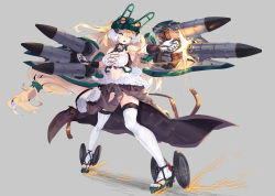 Rule 34 | 1girl, absurdres, blonde hair, blue eyes, blue nails, breasts, character request, cleavage, clothes around waist, firing, fur trim, helmet, highres, holding, holding weapon, jacket, jacket around waist, large breasts, long hair, low-tied long hair, mecha musume, missile, nail polish, one eye closed, open mouth, panzer waltz, science fiction, skating, solo, thighhighs, very long hair, weapon, wheel, zhu fun