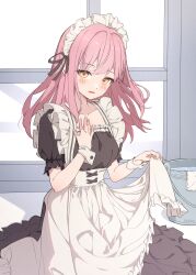 Rule 34 | 1girl, absurdres, apron, black dress, blush, commentary, dress, english commentary, highres, indoors, long hair, looking at viewer, maid, maid apron, maid headdress, open mouth, original, pink hair, seero, short sleeves, smile, solo, tagme, white apron, yellow eyes