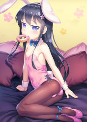 Rule 34 | 1girl, animal ears, ankle ribbon, armpits, ass, bad id, bad pixiv id, bare shoulders, bed, black hair, black pantyhose, blue eyes, breasts, cleavage, covered navel, detached collar, doughnut, eating, fake animal ears, food, hairband, highres, leaning to the side, leg ribbon, leotard, long hair, mouth hold, pantyhose, pillow, pink footwear, pink leotard, playboy bunny, rabbit ears, rabbit tail, ribbon, shirosaki hana, shoes, sitting, small breasts, solo, strapless, strapless leotard, tail, watashi ni tenshi ga maiorita!, wrist cuffs