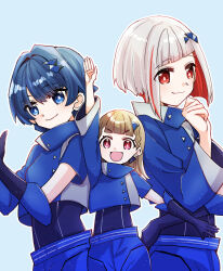 3girls arm_up asymmetrical_sleeves blue_background blue_gloves blue_hair blue_shirt blue_shorts bob_cut braid brown_hair center-flap_bangs colored_inner_hair commentary_request diagonal_bangs dollchestra elbow_gloves gloves grey_hair hair_intakes highres inverted_bob kachimachi_kosuzu kanduki_kamibukuro ladybug/beauty_(love_live!) light_particles link!_like!_love_live! long_hair long_sleeves love_live! multicolored_hair multiple_girls murano_sayaka outline pink_eyes red_hair shirt short_hair short_sleeves shorts side_braids simple_background single_elbow_glove single_glove straight_hair streaked_hair uneven_sleeves upper_body virtual_youtuber white_outline yugiri_tsuzuri