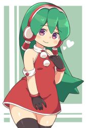 Rule 34 | 1girl, android, bare shoulders, black gloves, breasts, charu (saru getchu), christmas, closed mouth, gloves, green hair, kei 15, long hair, looking at viewer, ponytail, purple eyes, robot ears, saru getchu, skirt, small breasts, smile, solo, standing, thighhighs